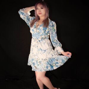 Blue and White Floral Dress with Cutout details